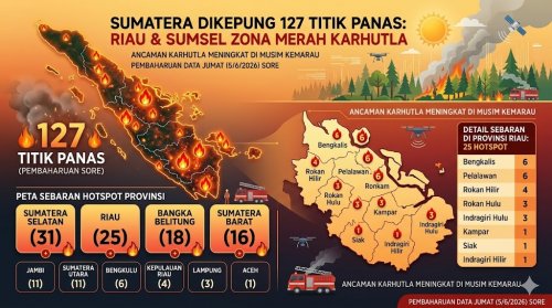 Sebaran titik panas di Sumatera dan Riau sore ini.(infografis/halloriau.com)