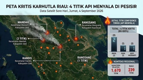 Empat titik panas level confidence tinggi di Riau sore ini.(infografis/AI/halloriau.com)
